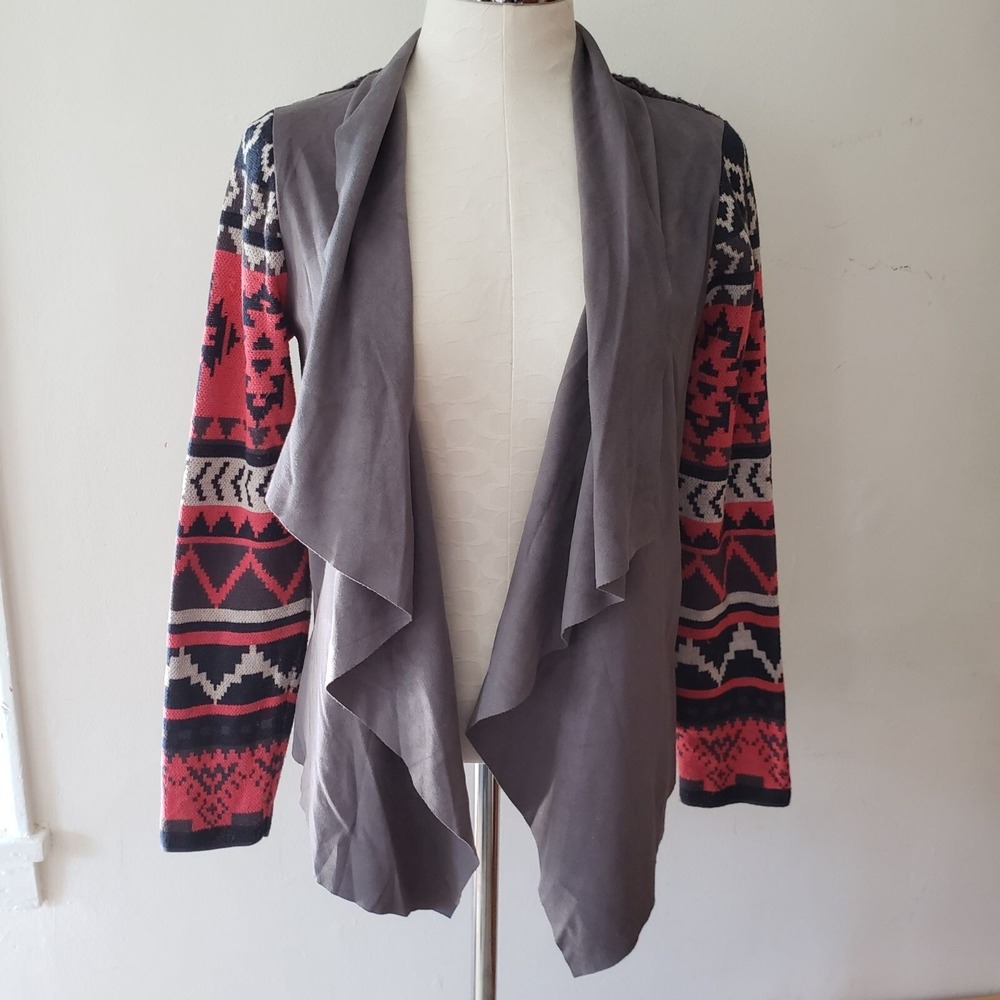 Flying Tomato Gray Coral Aztec Print Open Cardigan Women's Medium